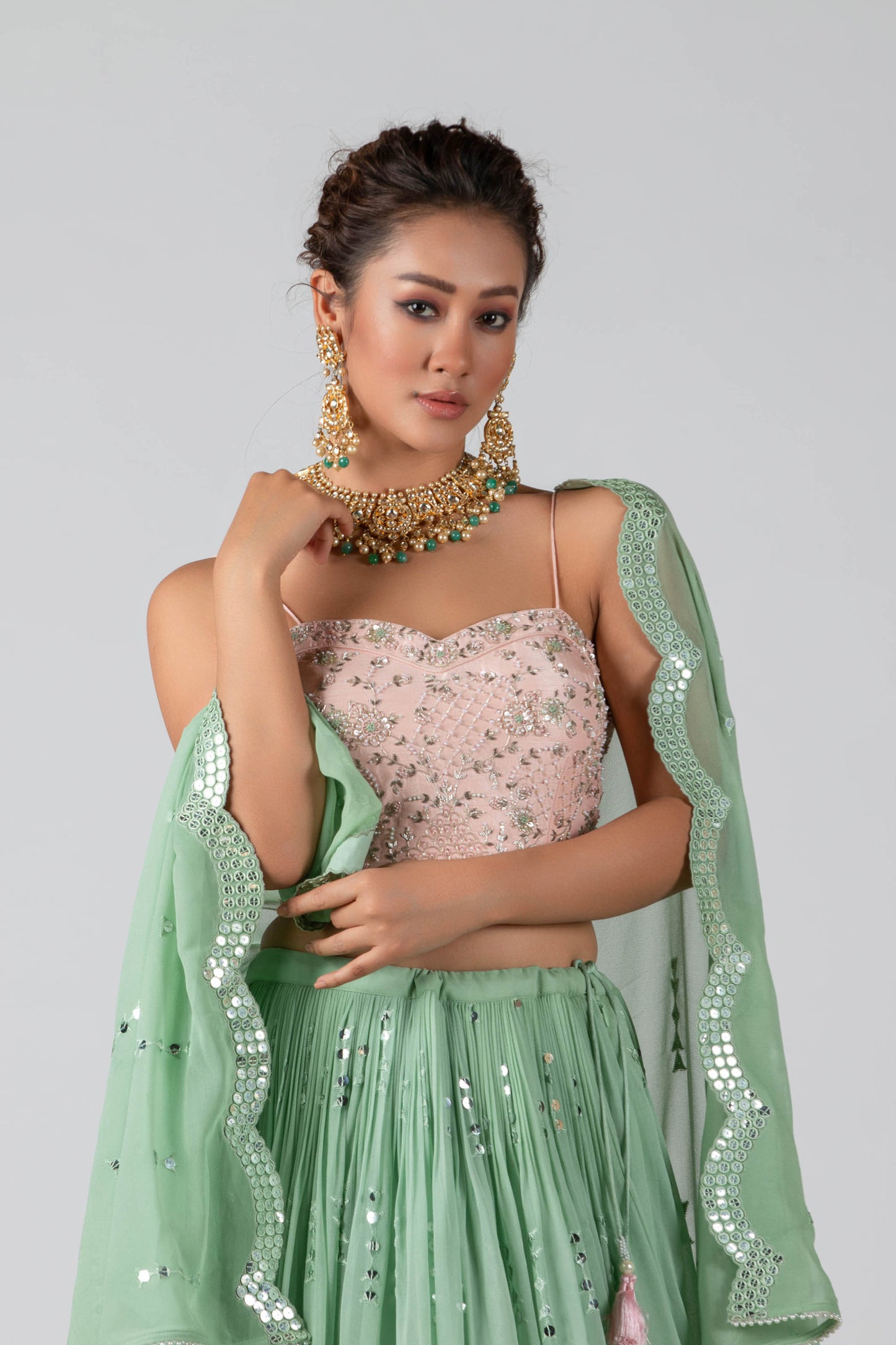 Leaf Green Embroidered Skirt Lehenga Set