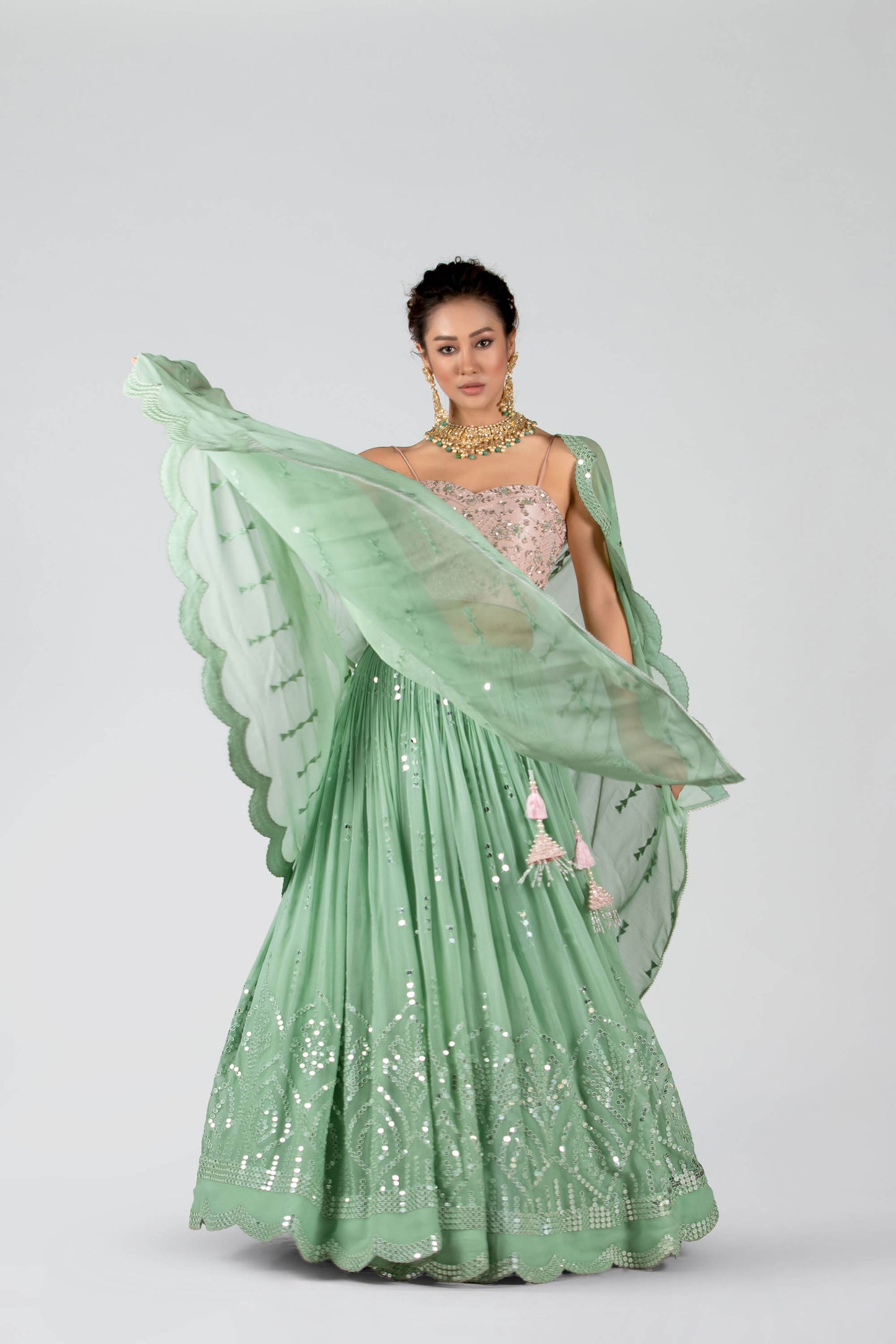 Leaf Green Embroidered Skirt Lehenga Set