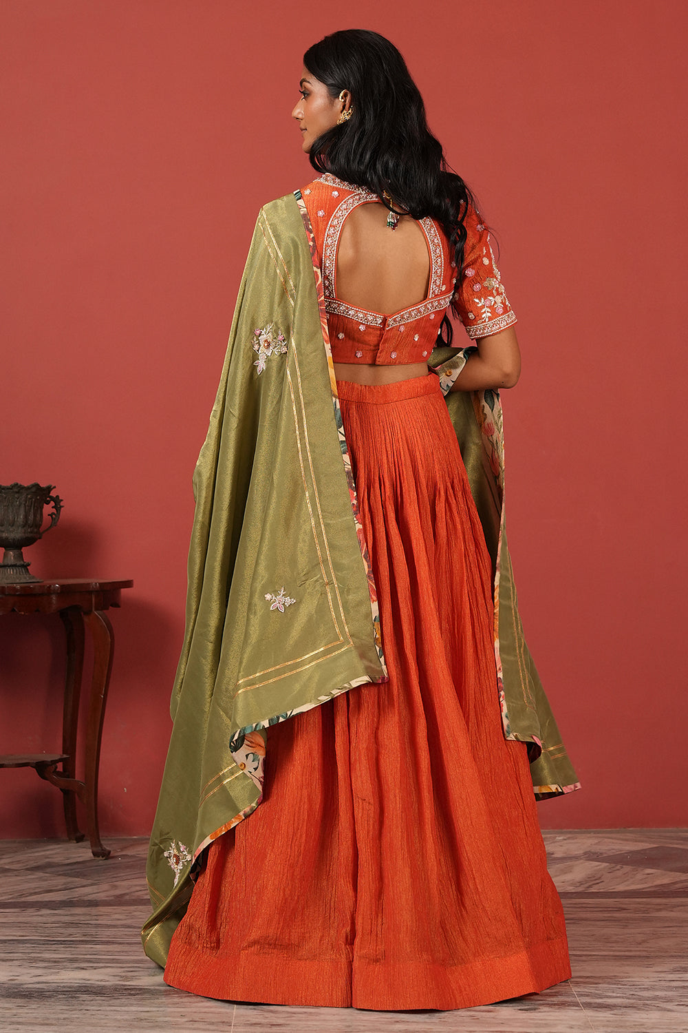 Orange Zardozi Hand-Embroidered Lehenga Set