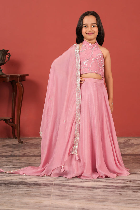 Pink Handcrafted Lehenga Set For Girls