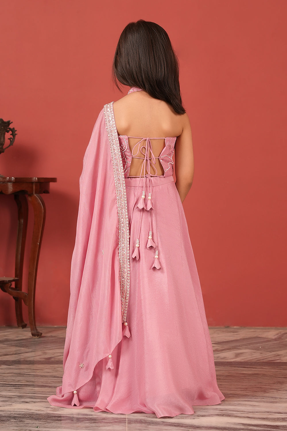 Pink Handcrafted Lehenga Set For Girls