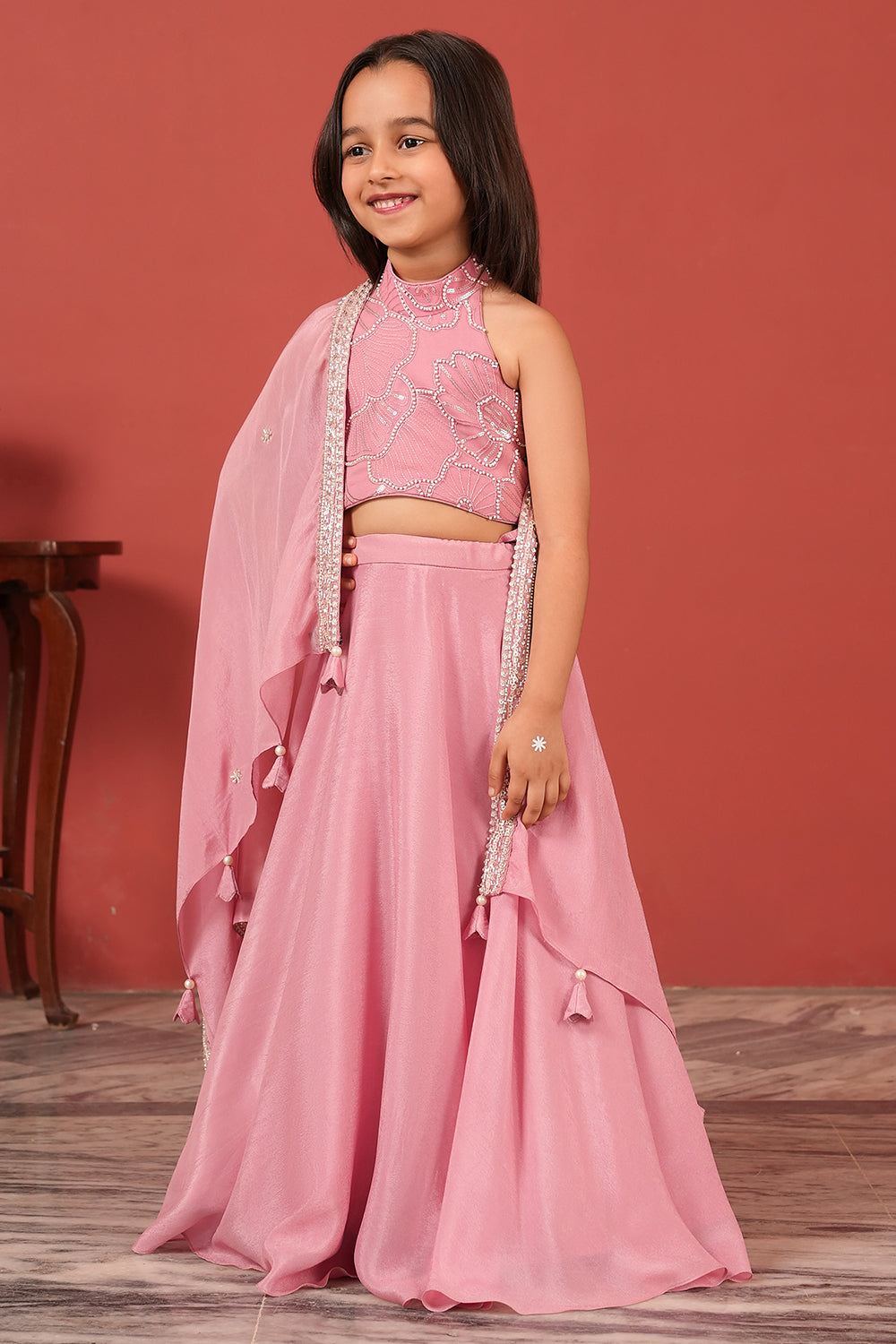Pink Handcrafted Lehenga Set For Girls