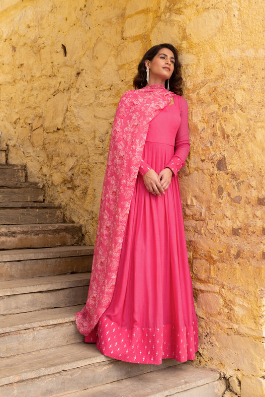 Fuchsia Pink Georgette Embroidered Anarkali Set