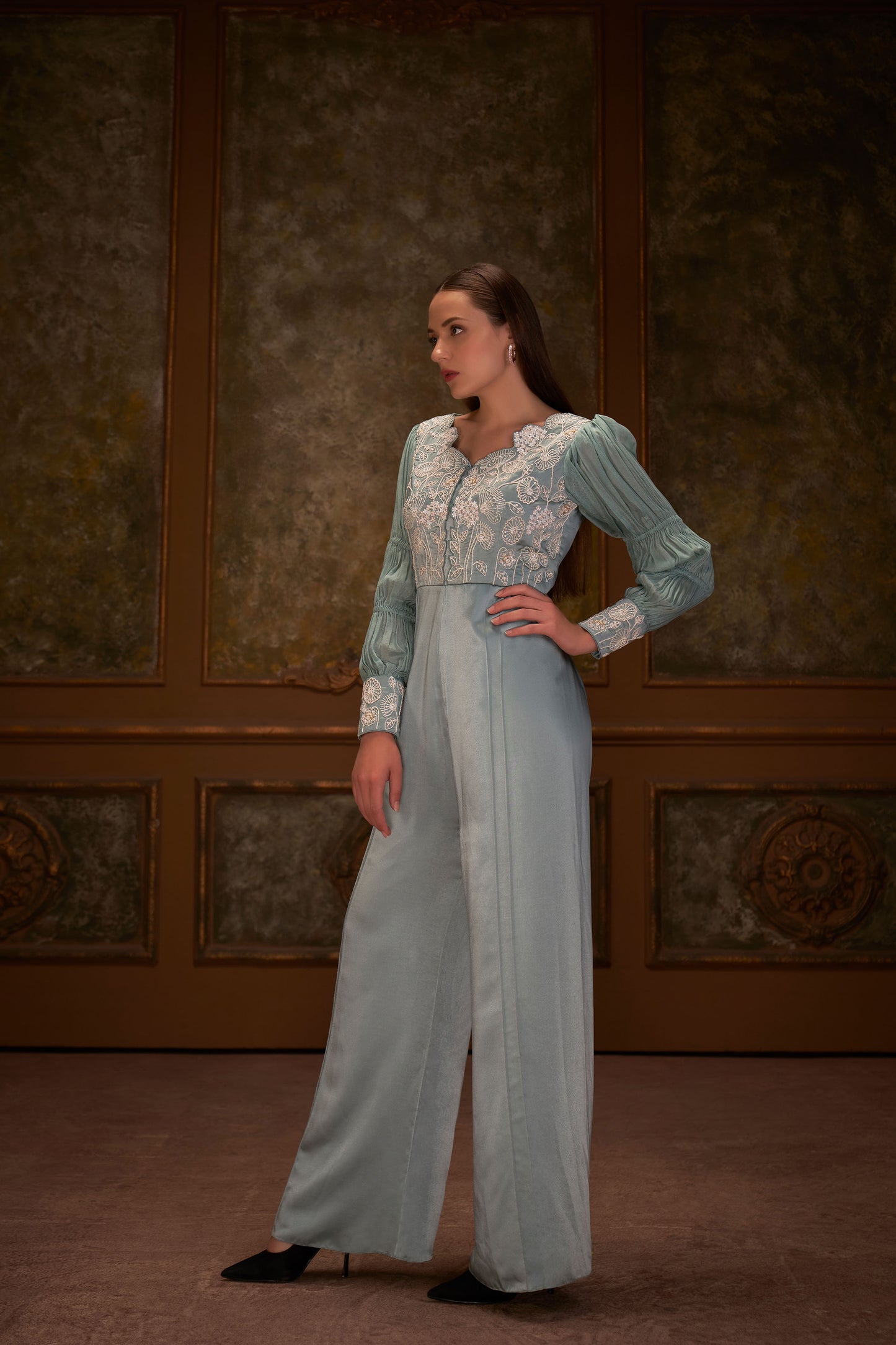 Sea Green Embroidered Jumpsuit