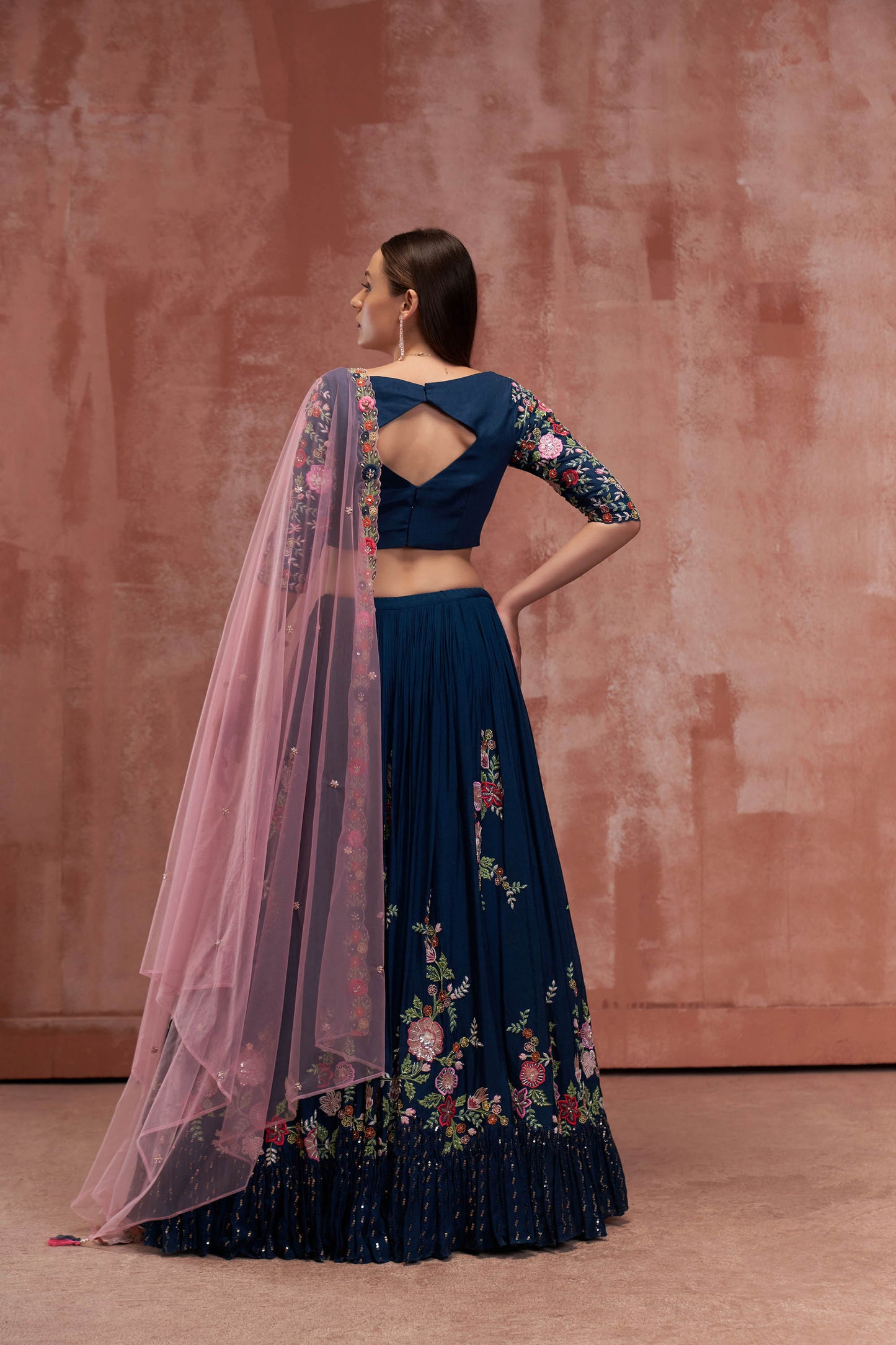 Peacock Blue & Pink Embroidered Lehenga Set