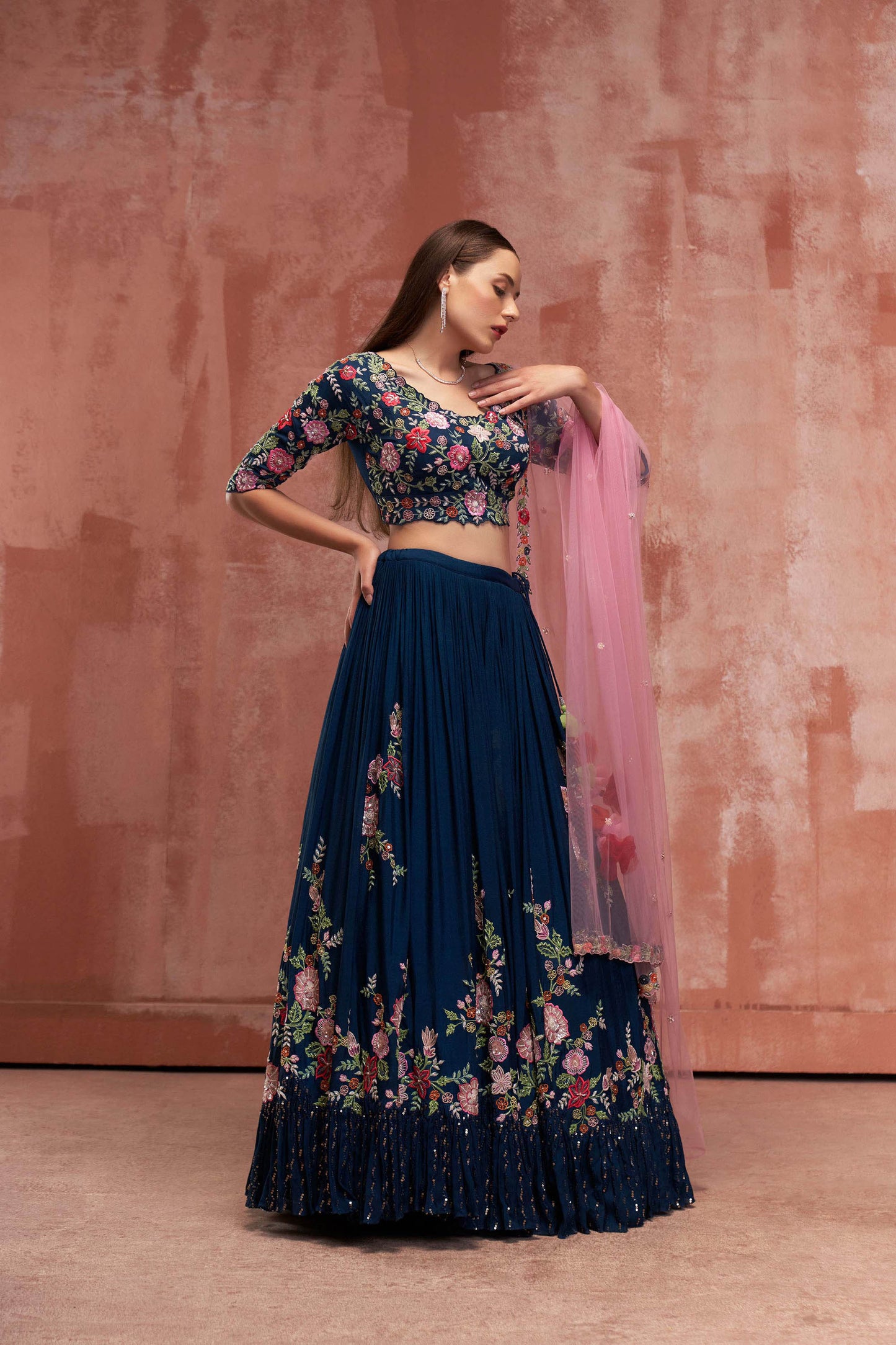 Peacock Blue & Pink Embroidered Lehenga Set