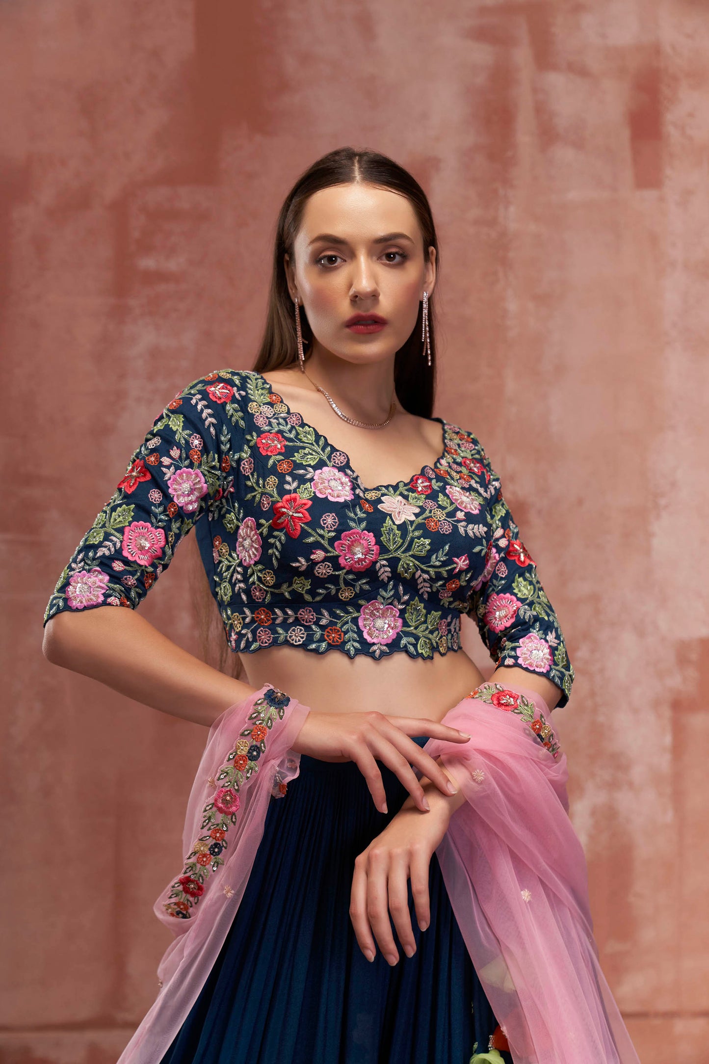 Peacock Blue & Pink Embroidered Lehenga Set