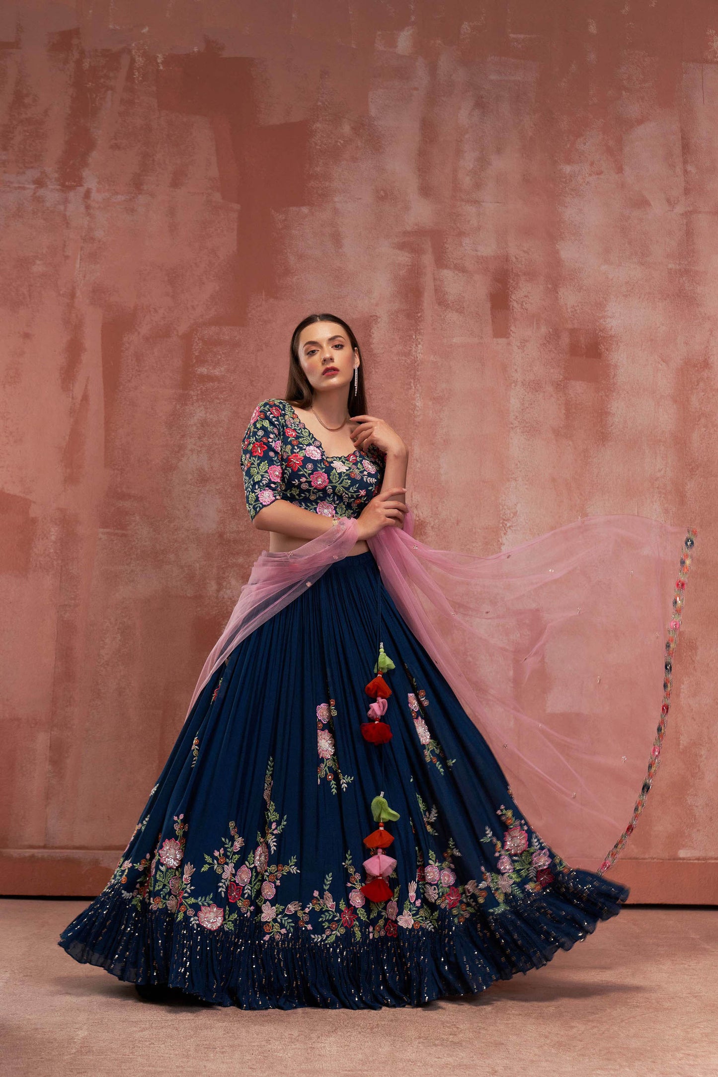 Peacock Blue & Pink Embroidered Lehenga Set