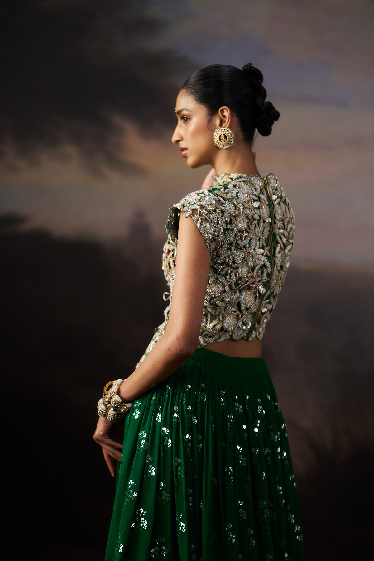 Green Heavy Jacket And Lehenga Set
