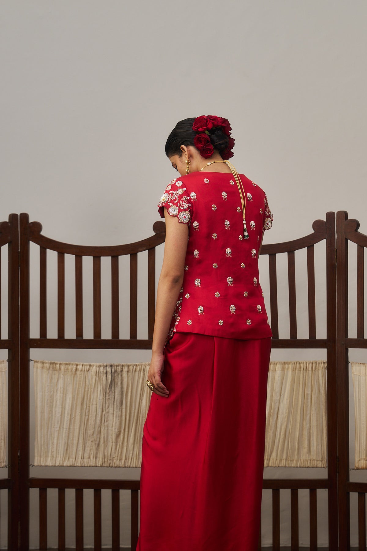 Red Gajji Silk Top & Drape