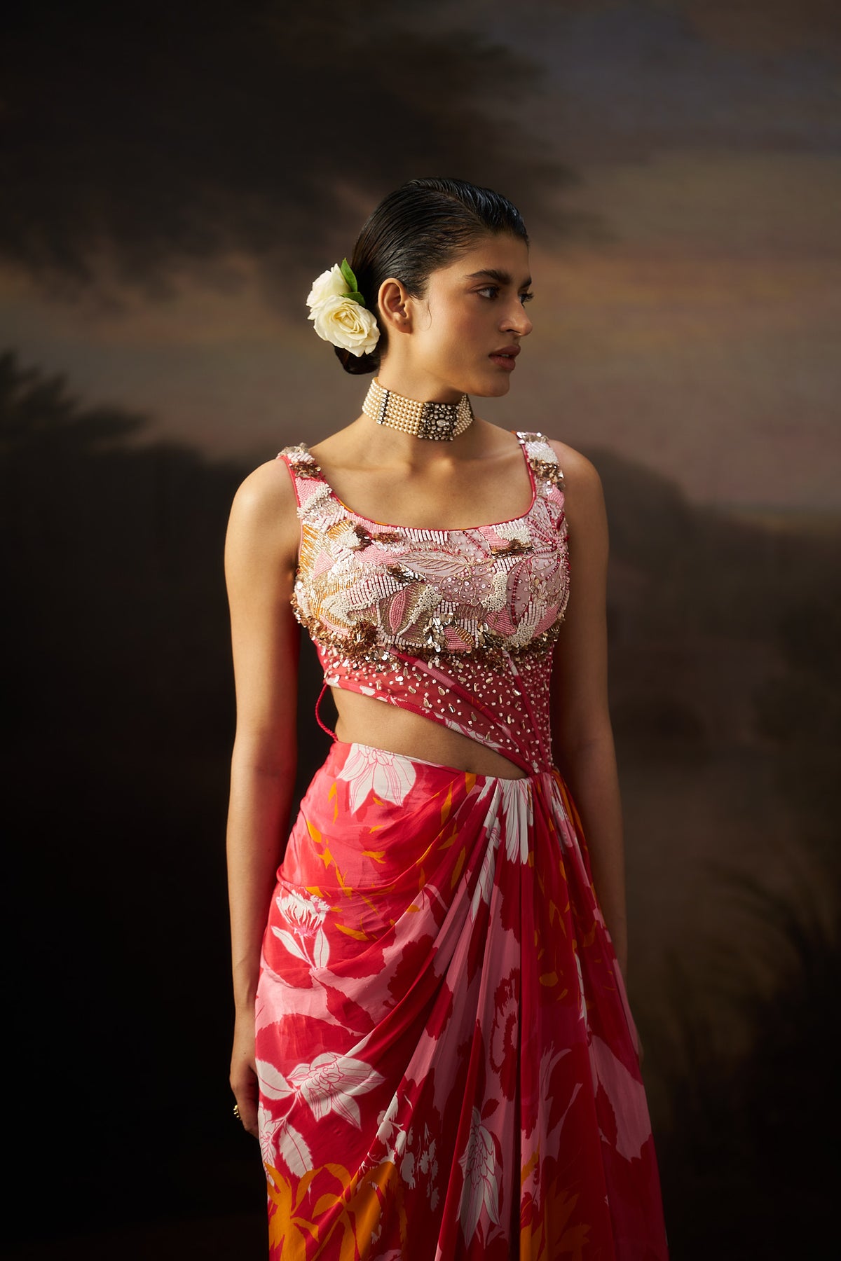 Coral Printed Corset Gown