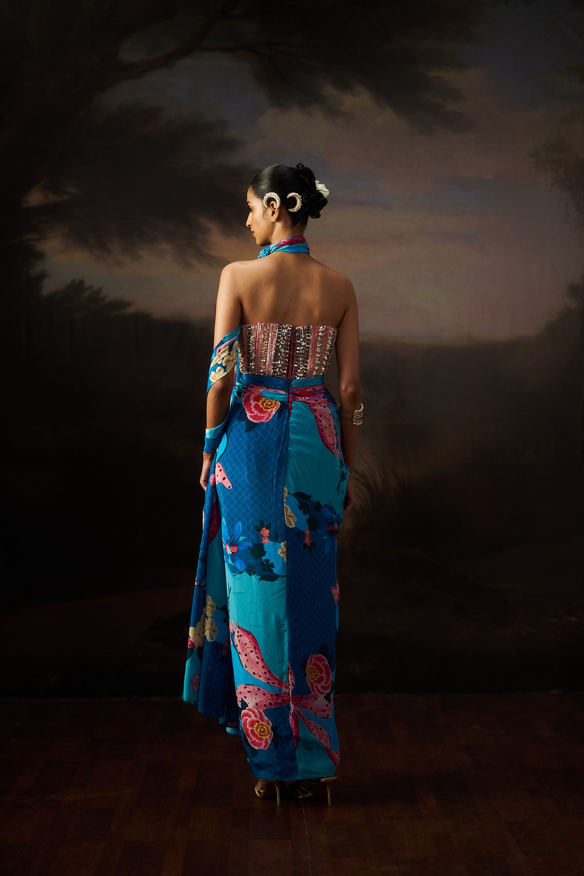Blue Corset Top And Drape Skirt Set