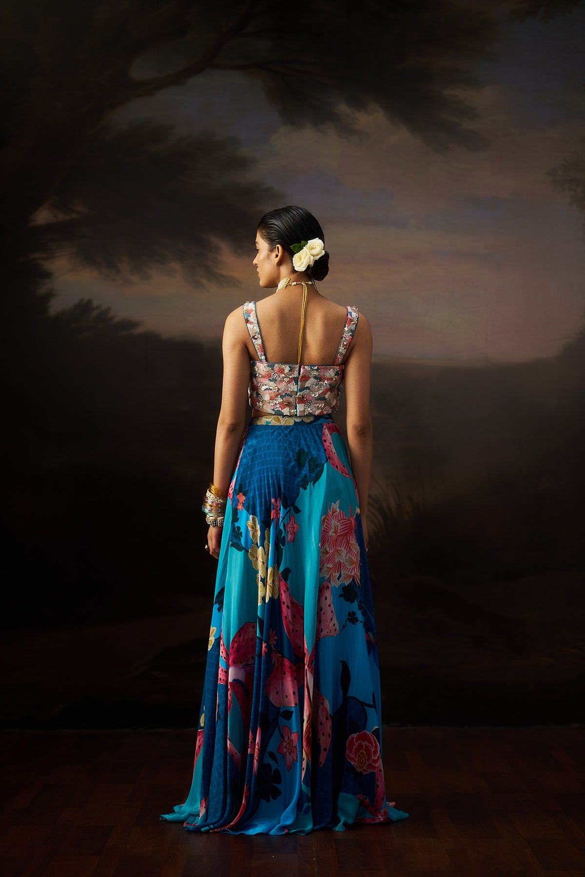 Blue Heavy Top And Slit Skirt