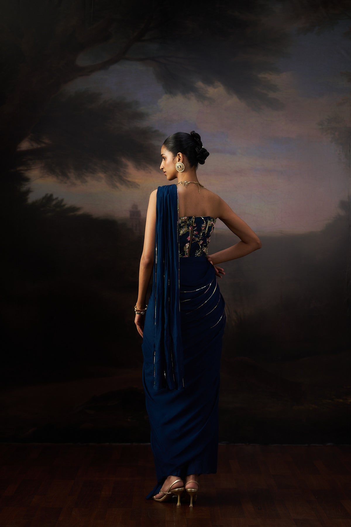 Navy Blue Drape Saree Set