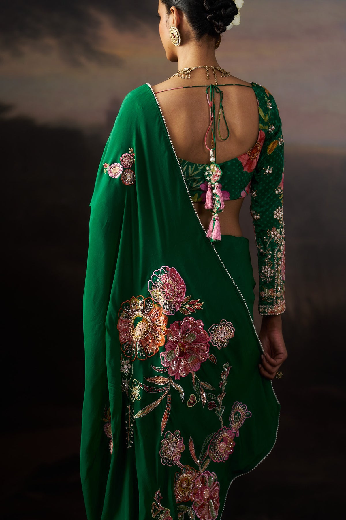 Green Printed Saree Set