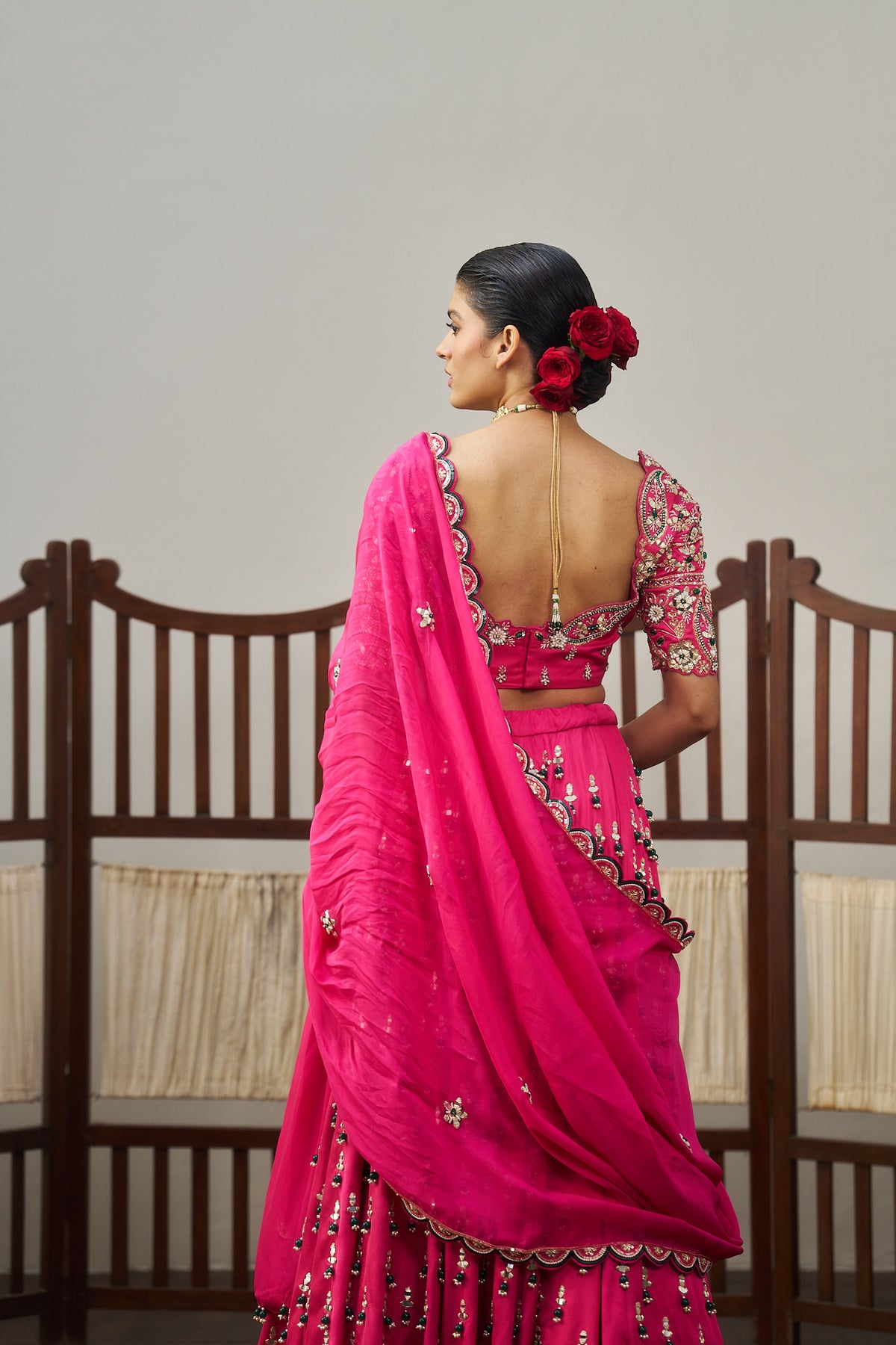 Pink Heavy Green Tassels Lehenga Set