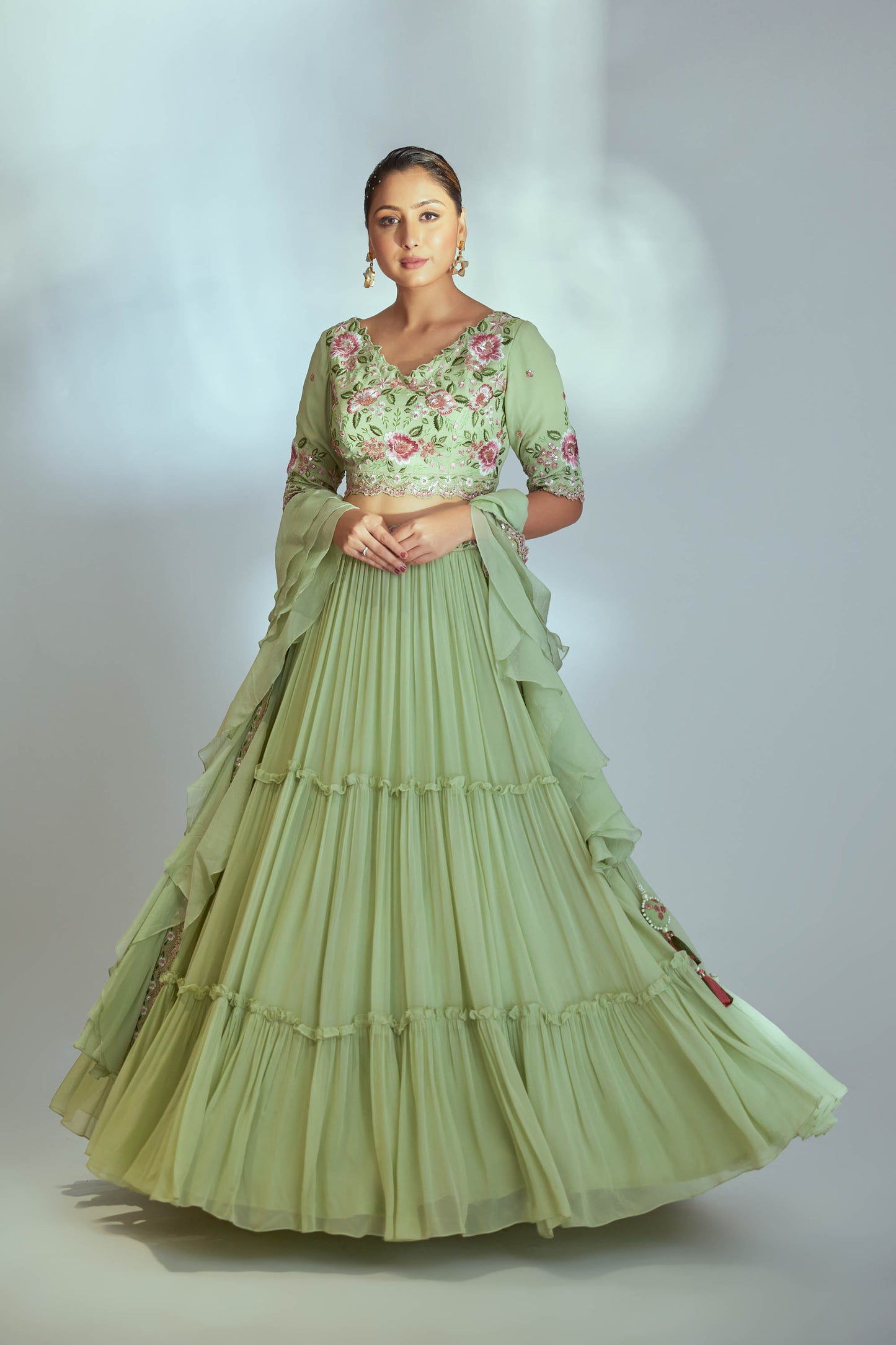 Green layer thread work lehenga set