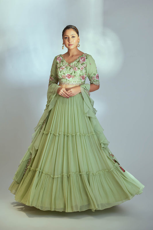 Green layer thread work lehenga set