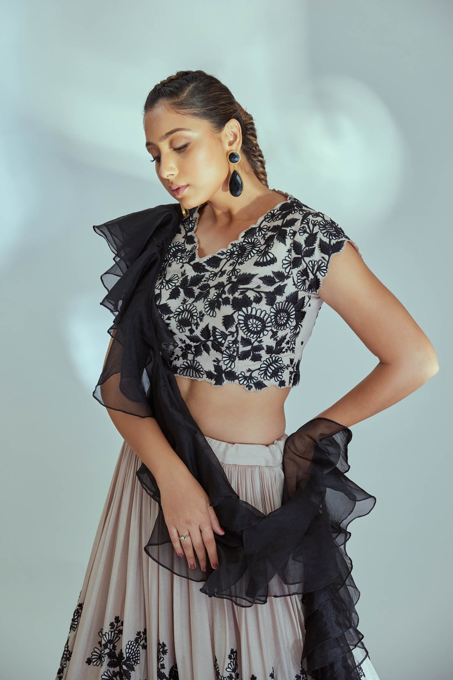 Beige black thread work lehenga set