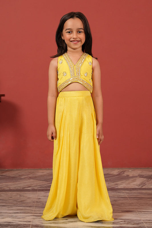 Yellow Handcrafted Crop Top & Flared Pants Set for Girls
