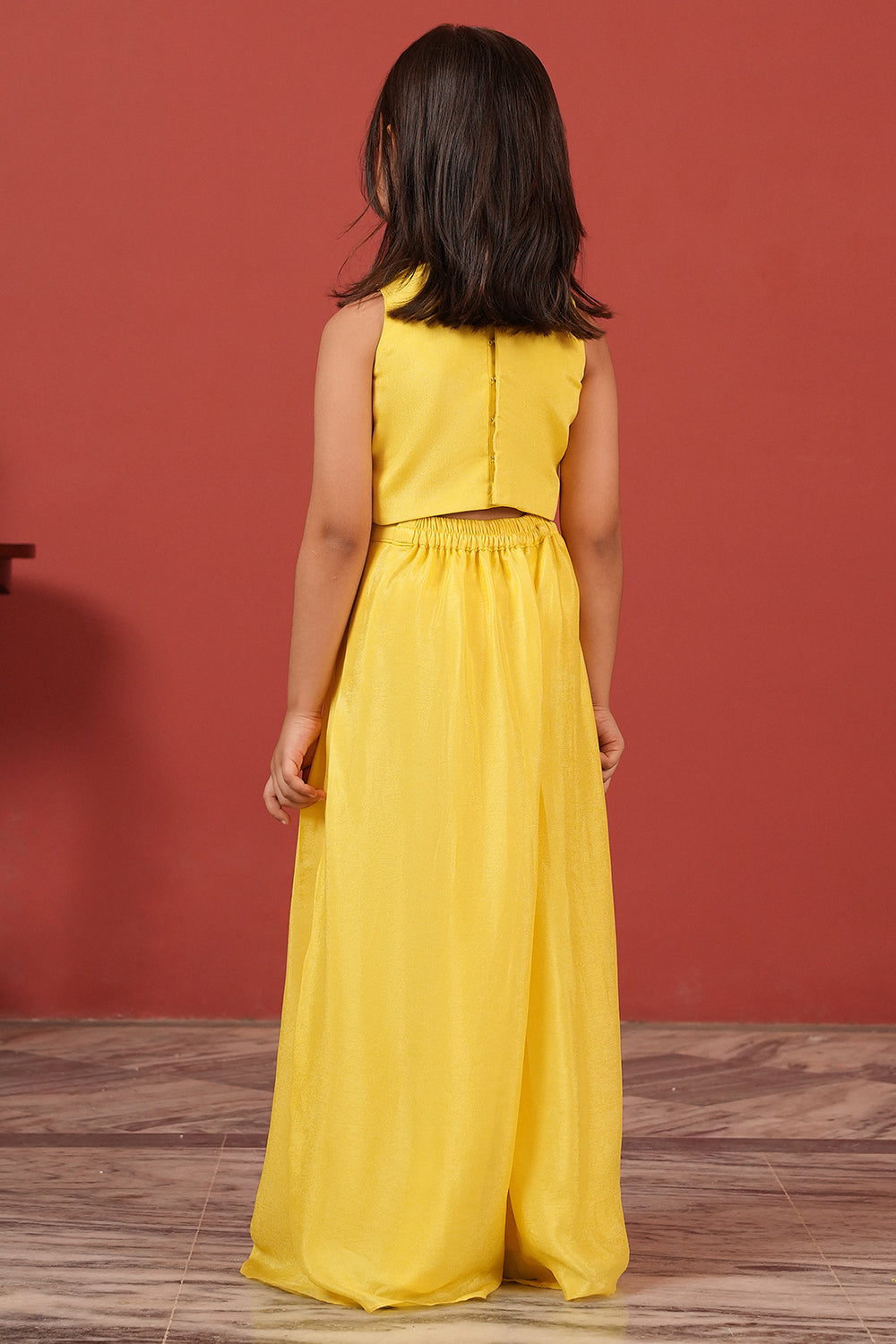Yellow Handcrafted Crop Top & Flared Pants Set for Girls
