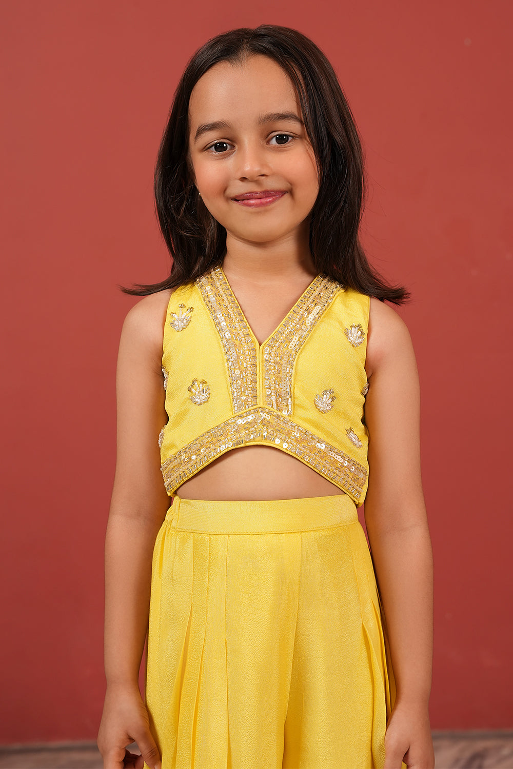 Yellow Handcrafted Crop Top & Flared Pants Set for Girls