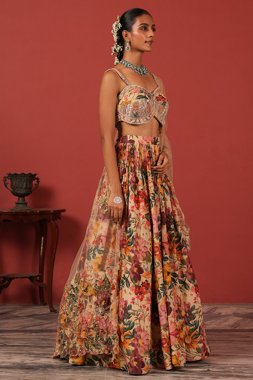 Zardozi Handcrafted Bustier Lehenga Set with Patchwork Dupatta