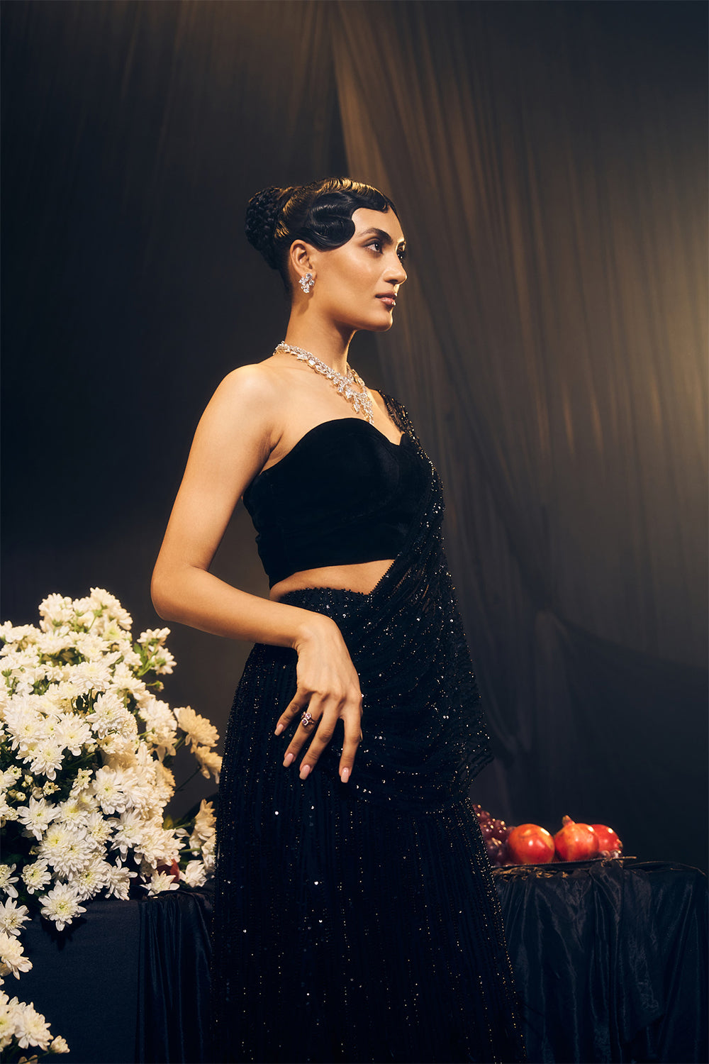 Black Pre Drape Saree Set