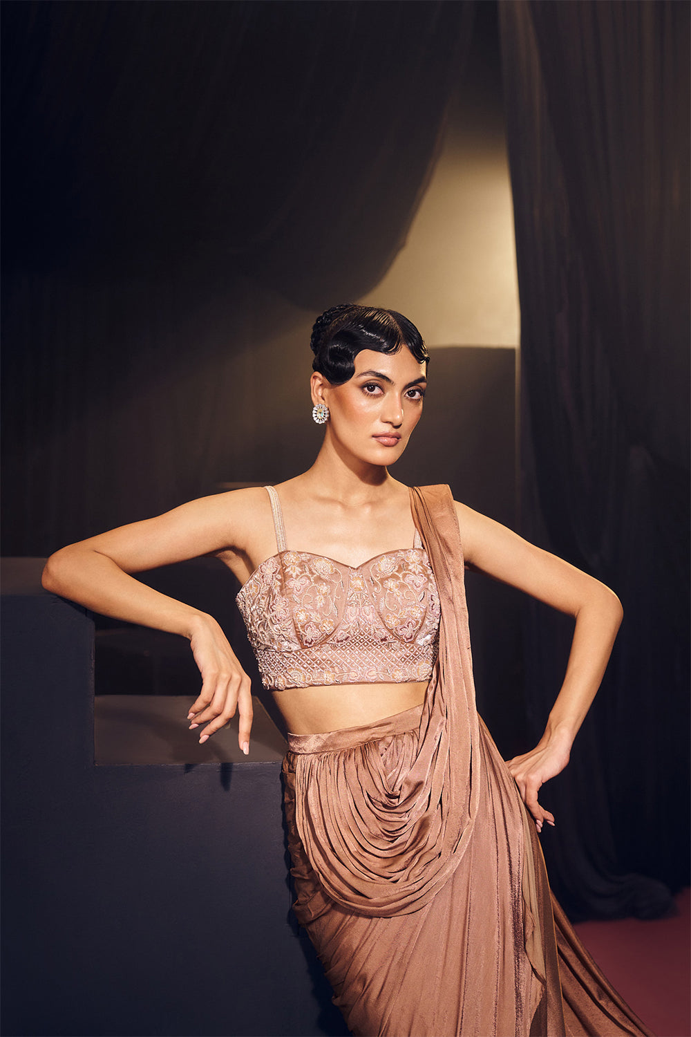 Dark Nude/ Brown Pre Drape Saree Set