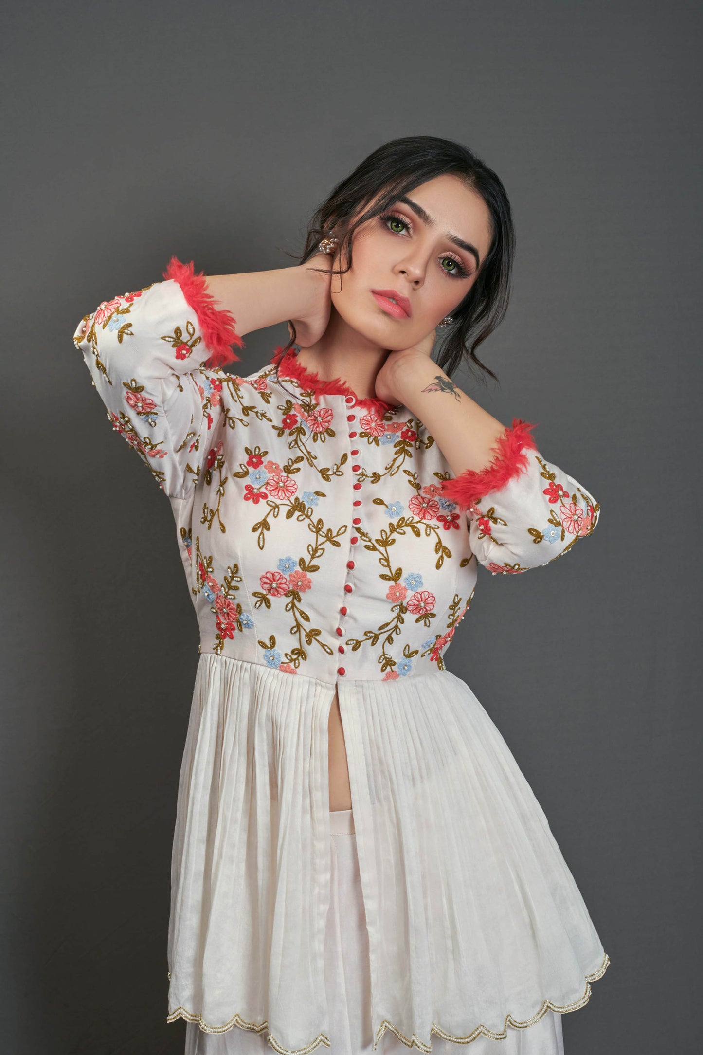 Off-White Embroidered Flared Pant Set