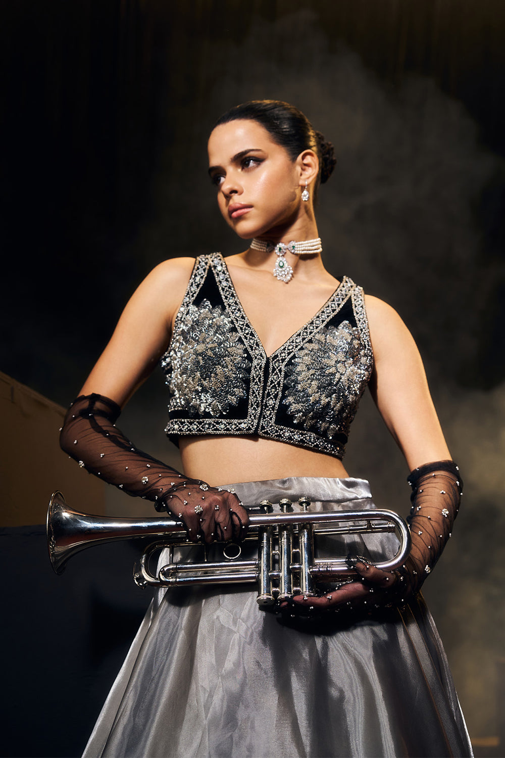 Grey And Black Lehenga Set