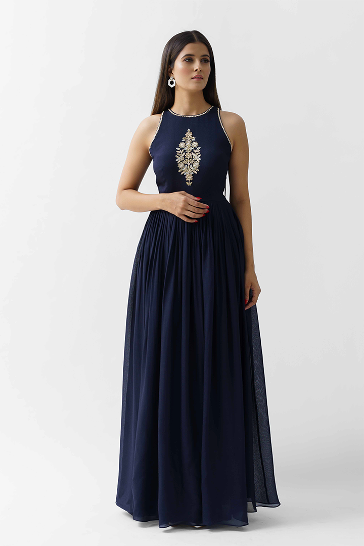 Navy Blue Pleated Dress