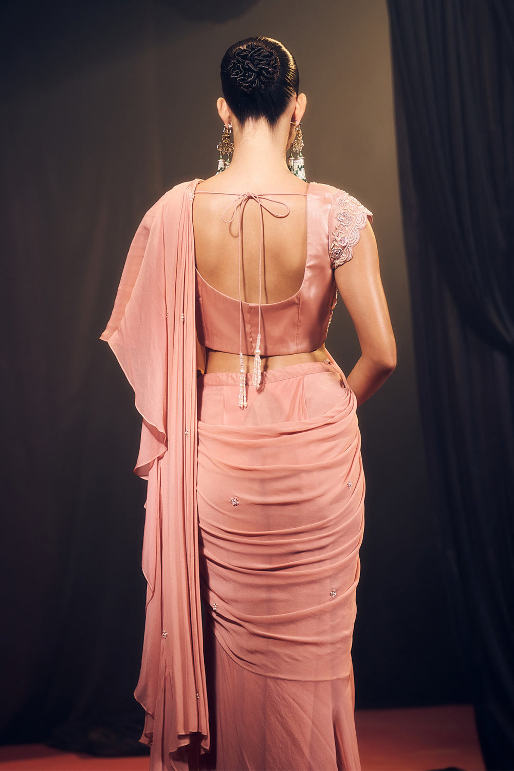 Pastel Pink Pre Drape Saree Set