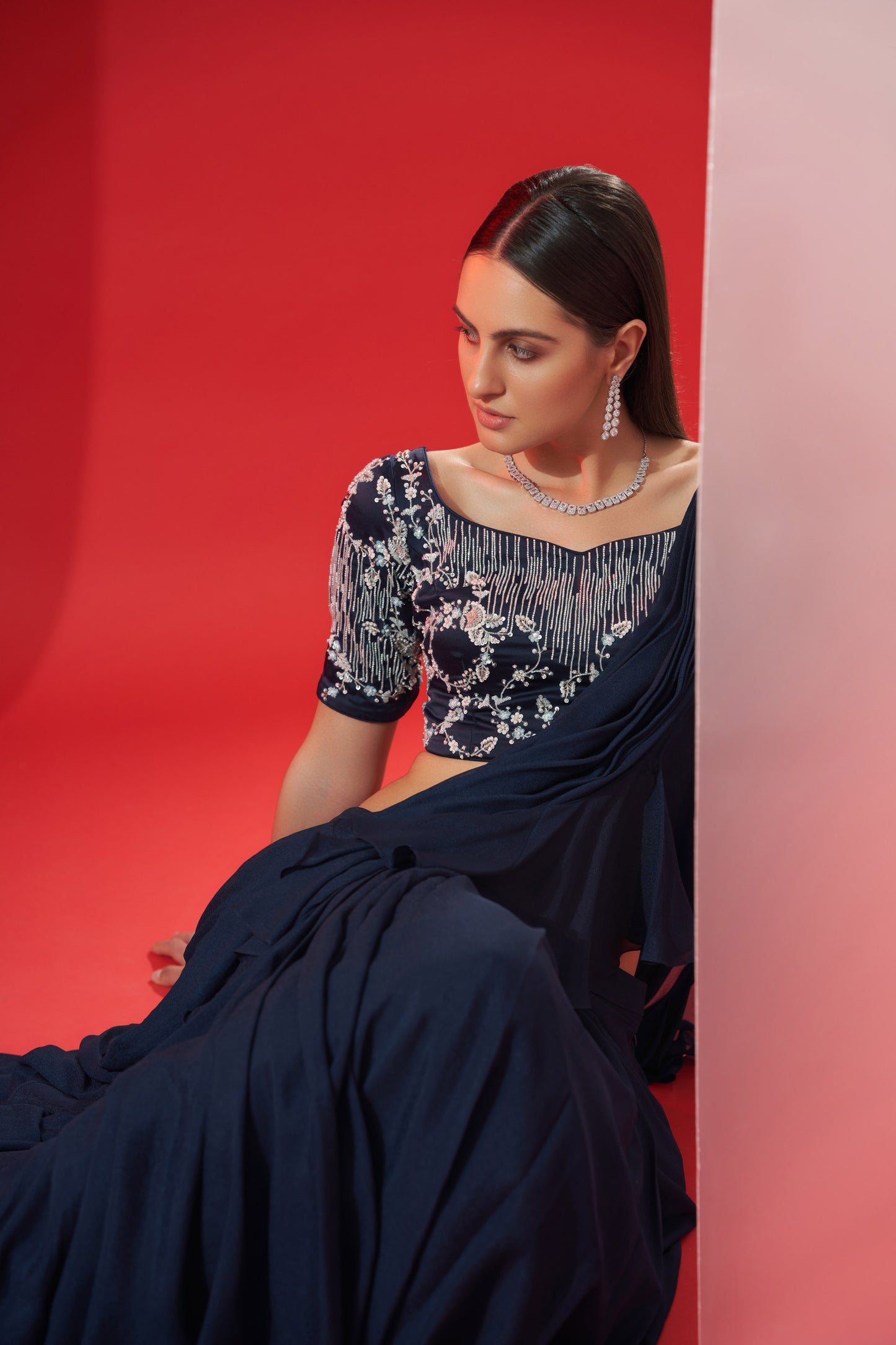Blue pre drape ruffle saree