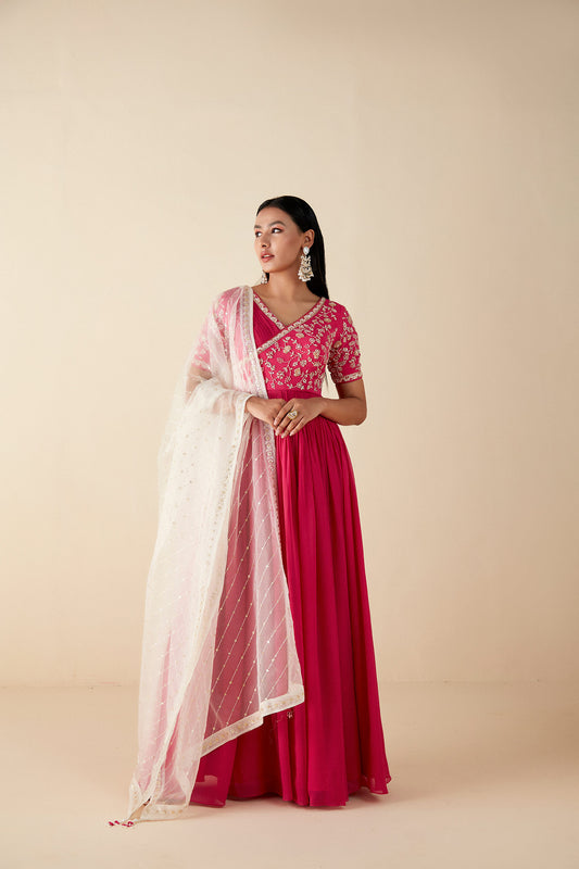 Pink and white Anarkali Suit set