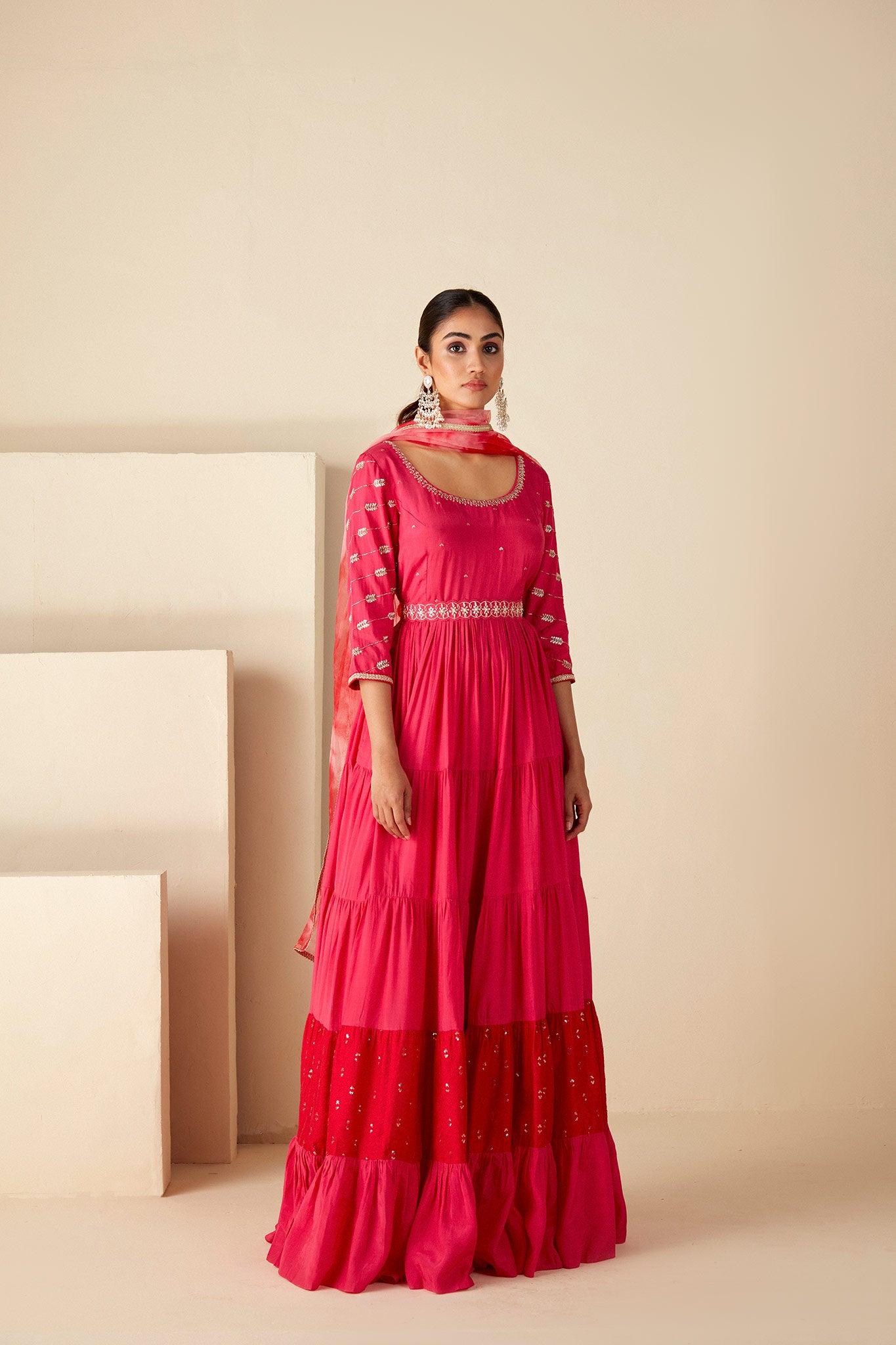 Pink layered Embroidered Anarkali Suit