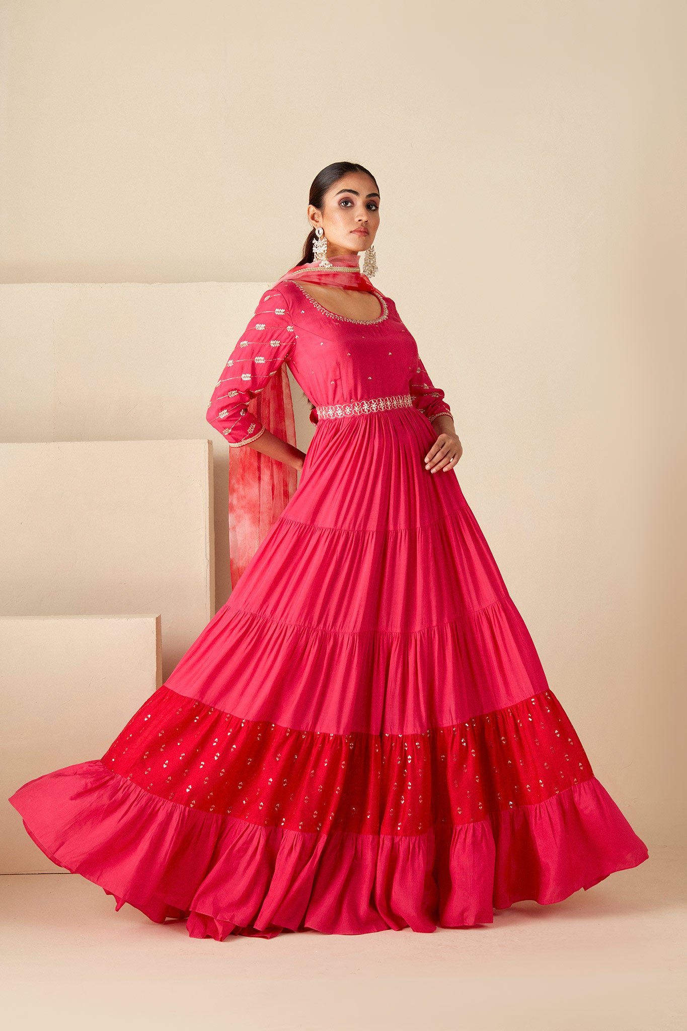 Pink layered Embroidered Anarkali Suit