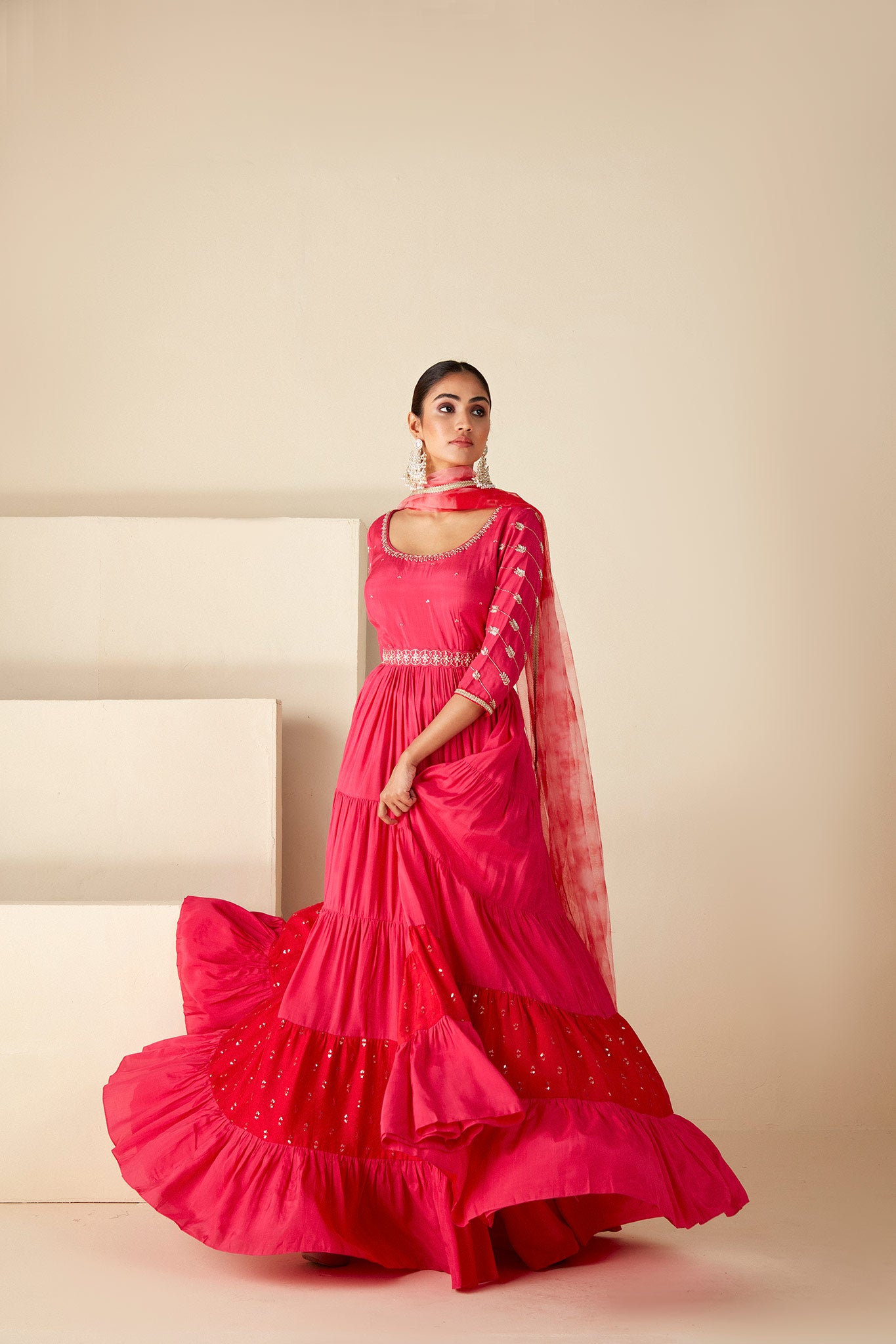 Pink layered Embroidered Anarkali Suit