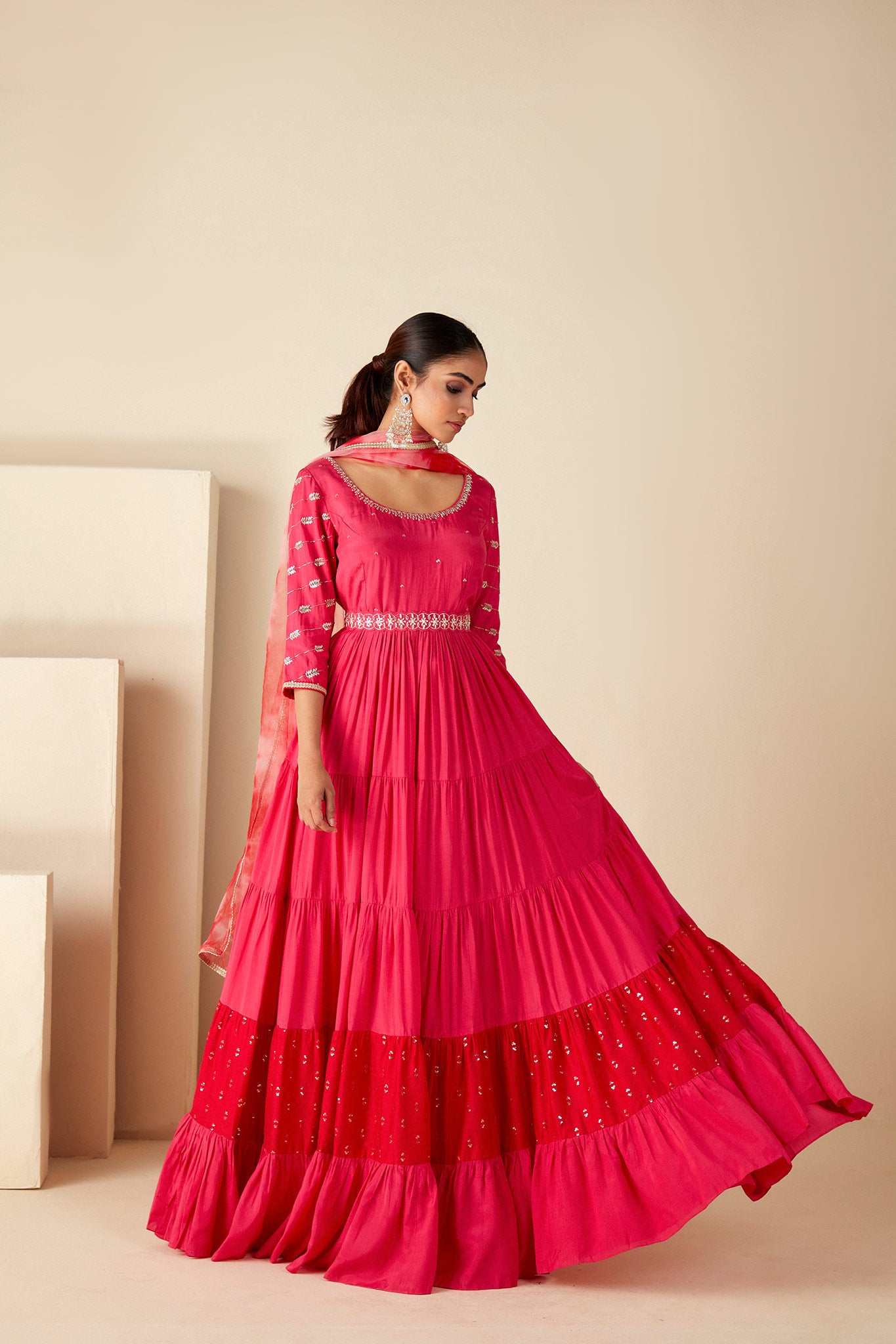 Pink layered Embroidered Anarkali Suit