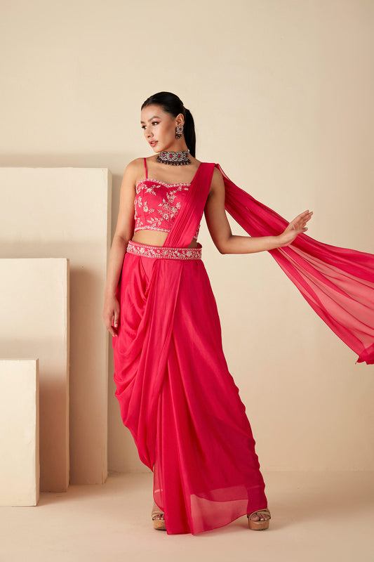 Pink draped Skirt Saree