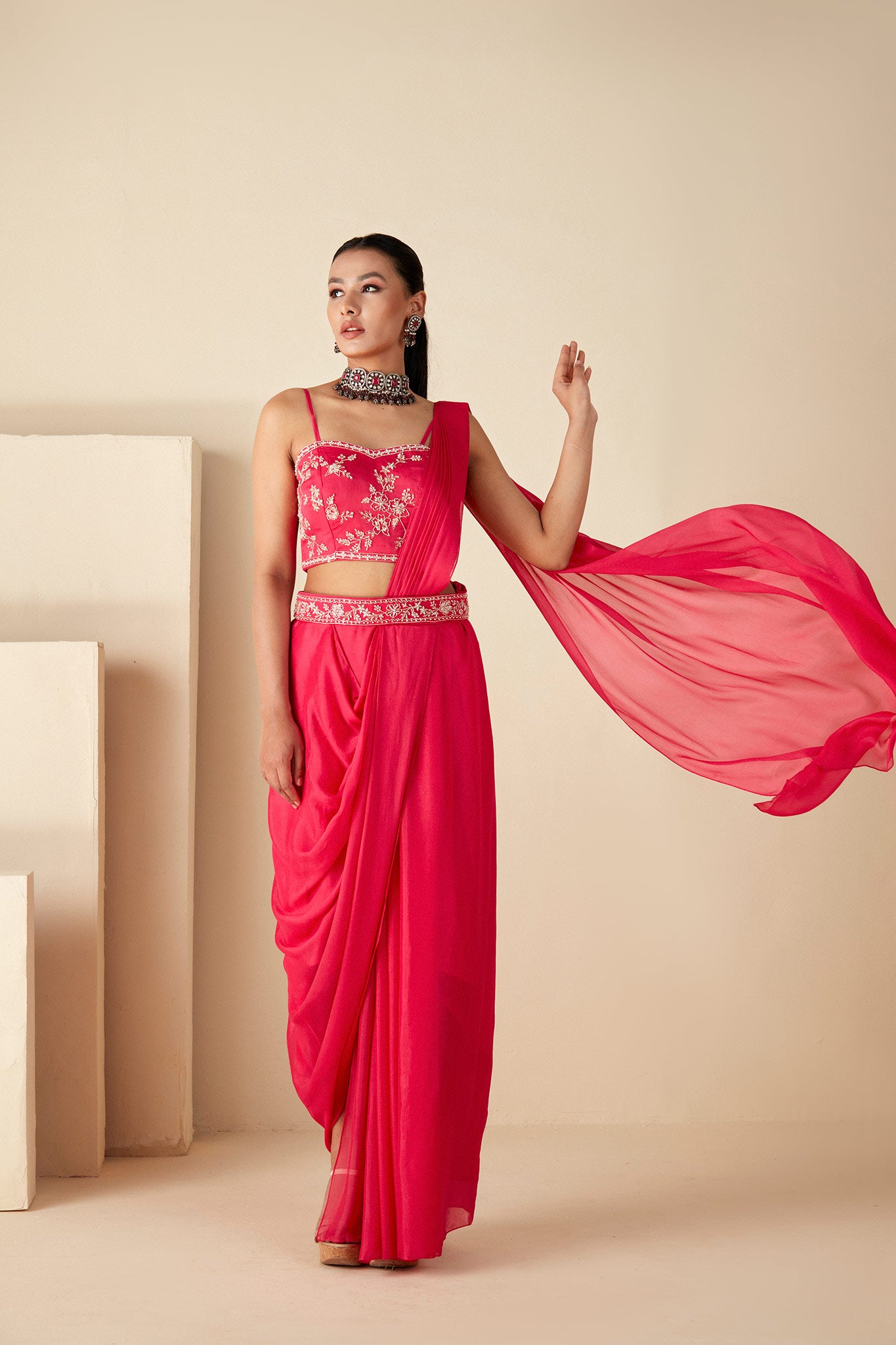 Pink draped Skirt Saree