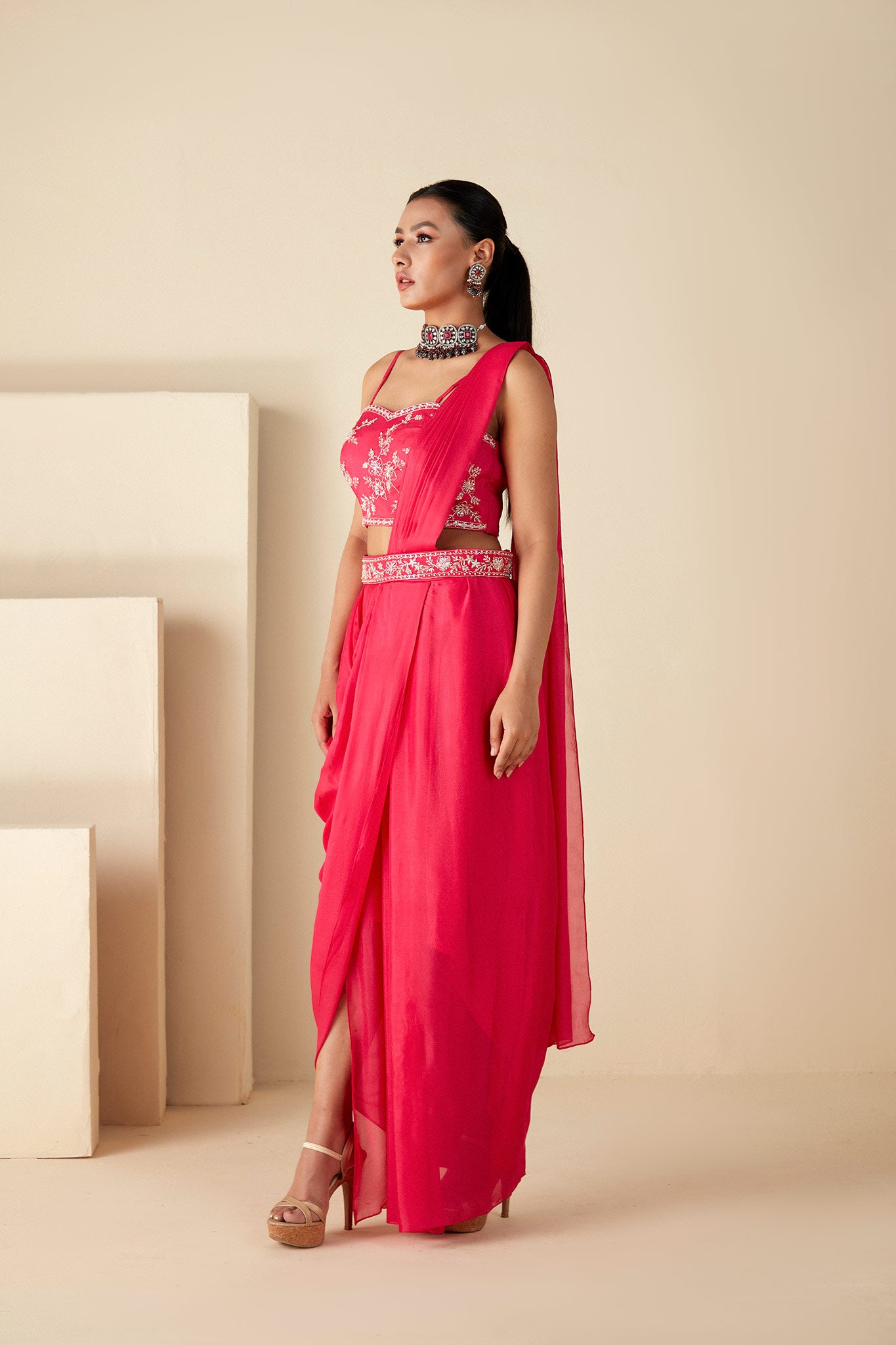 Pink draped Skirt Saree