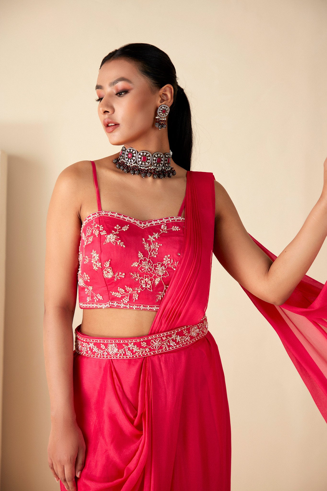 Pink draped Skirt Saree