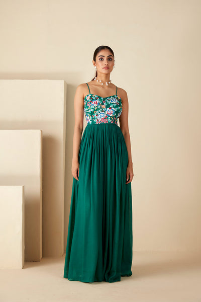 Green thread embroidered Dress
