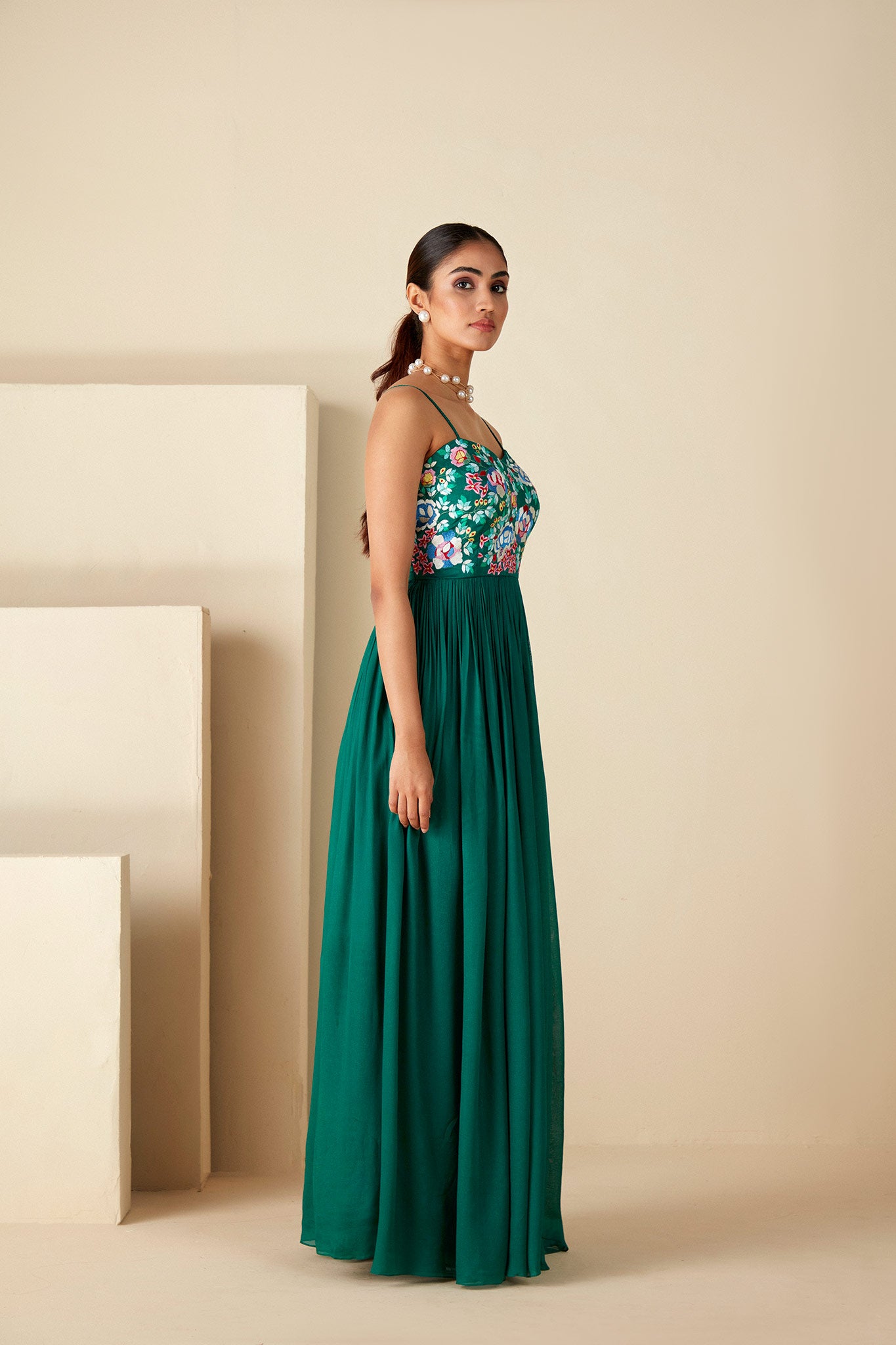 Green thread embroidered Dress