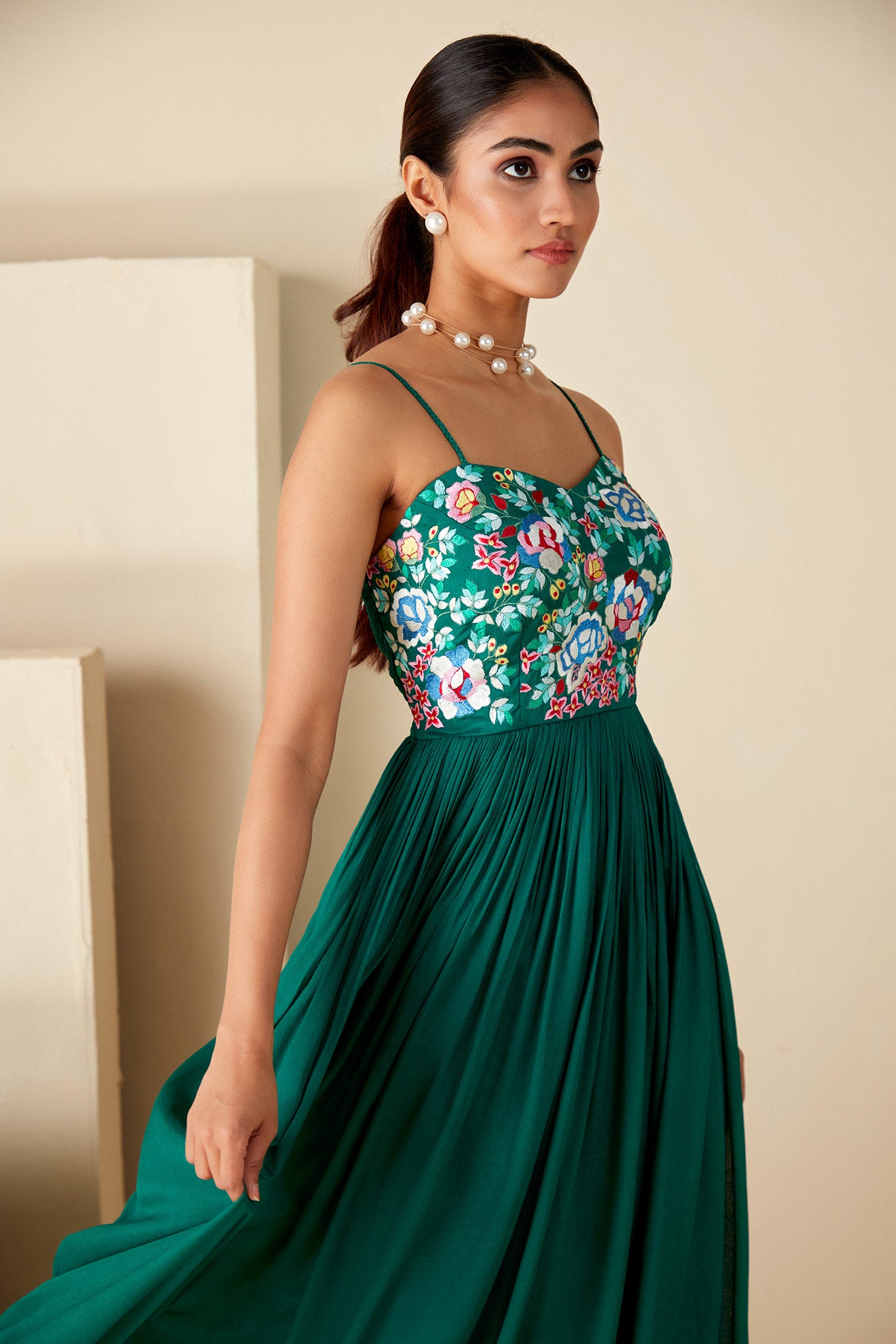 Green thread embroidered Dress