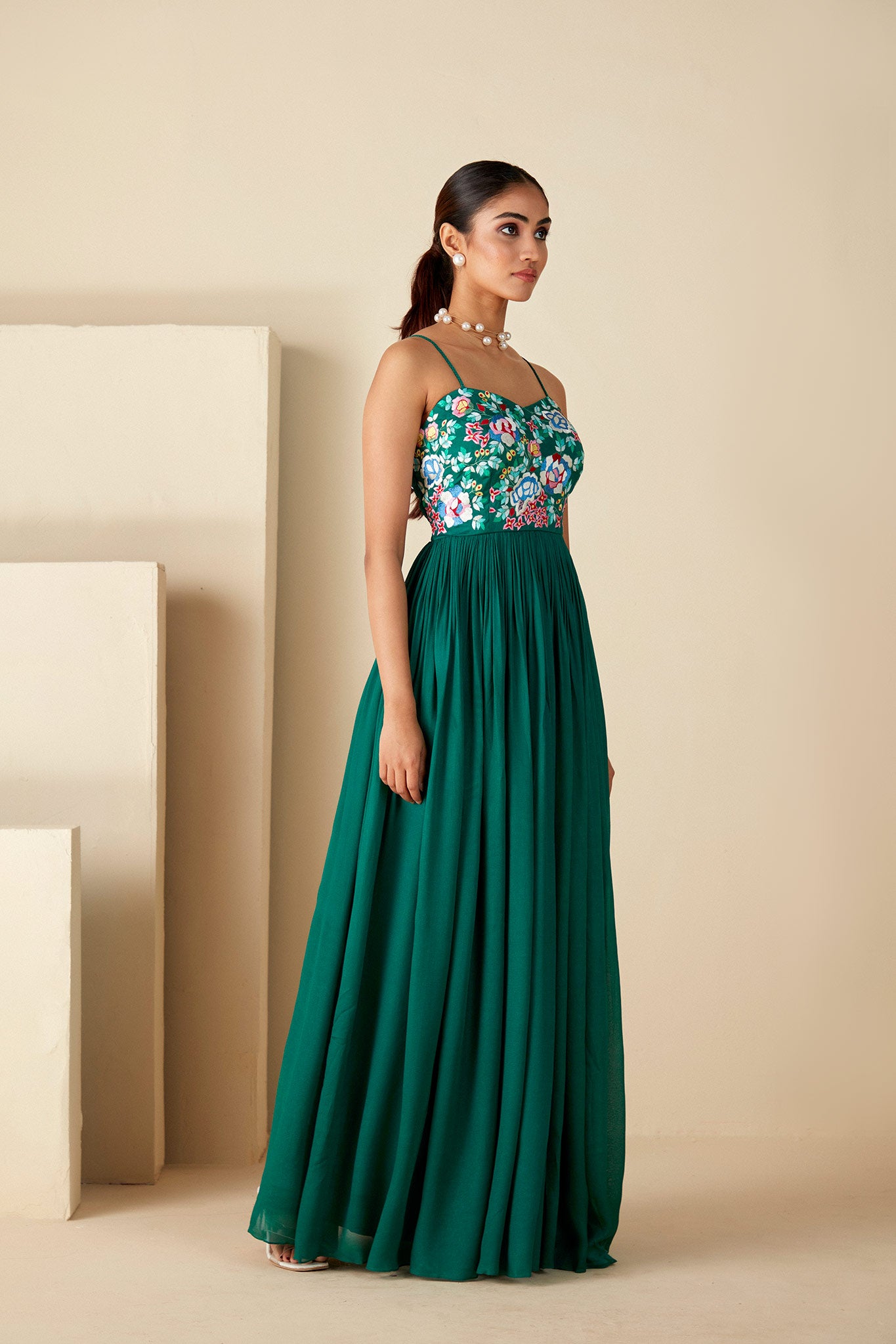 Green thread embroidered Dress