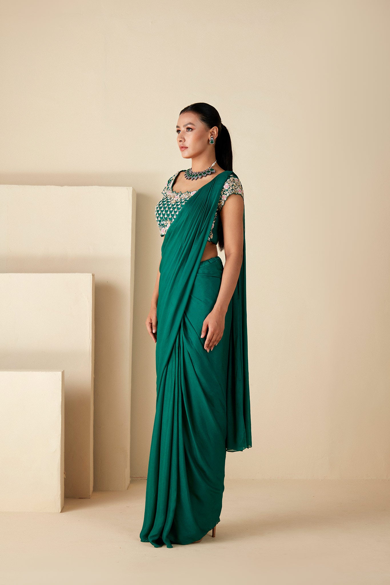 Green Draped Saree