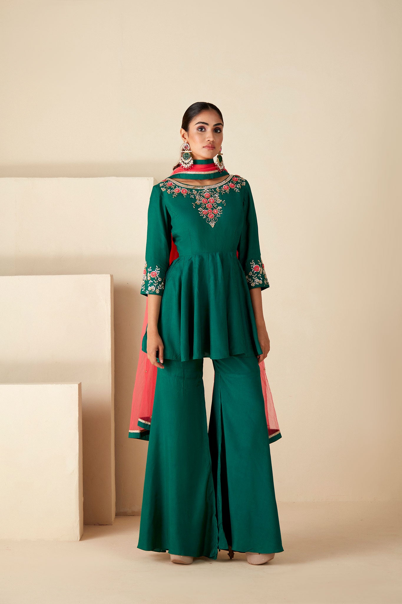 Green peplum sharara Set