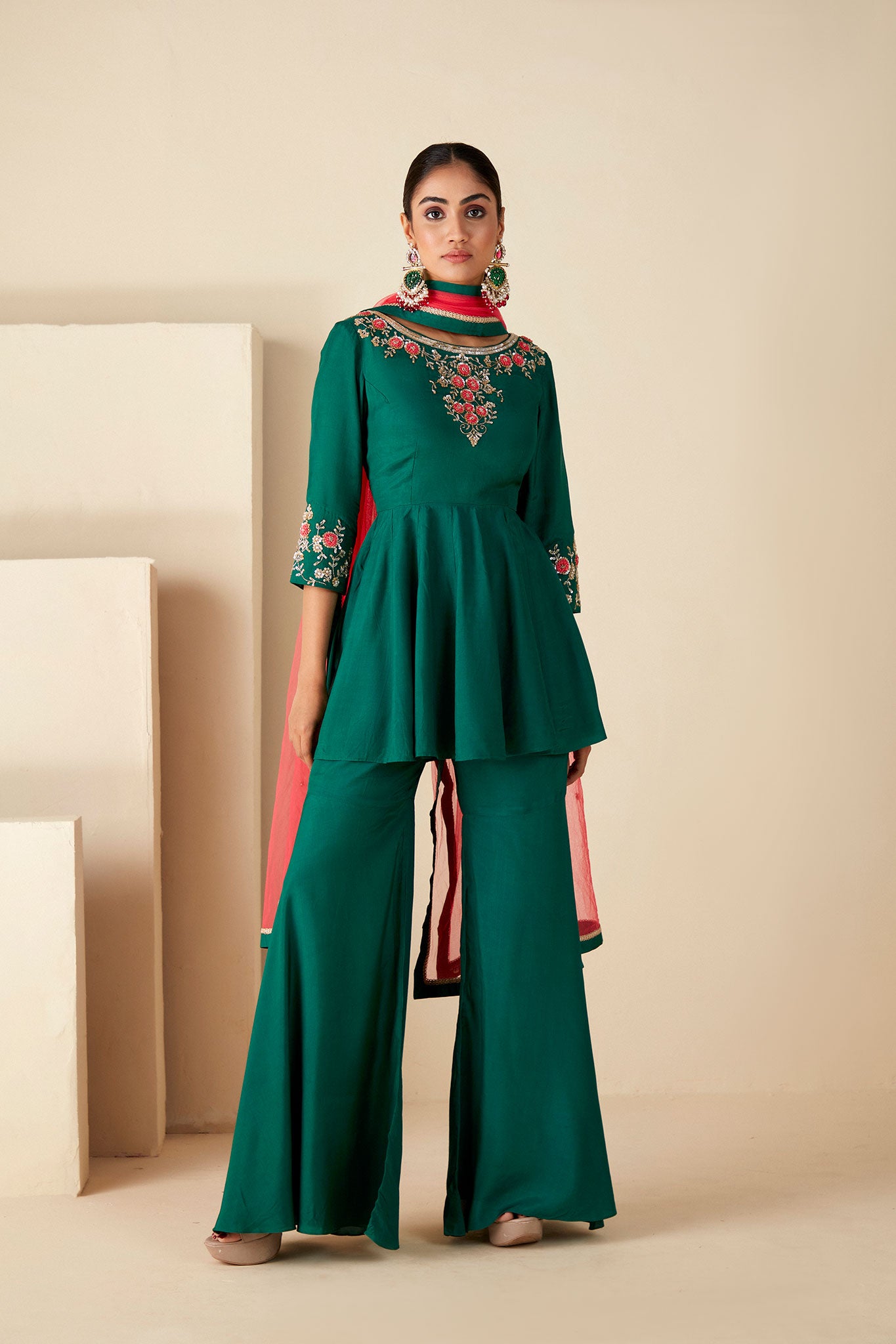 Green peplum sharara Set